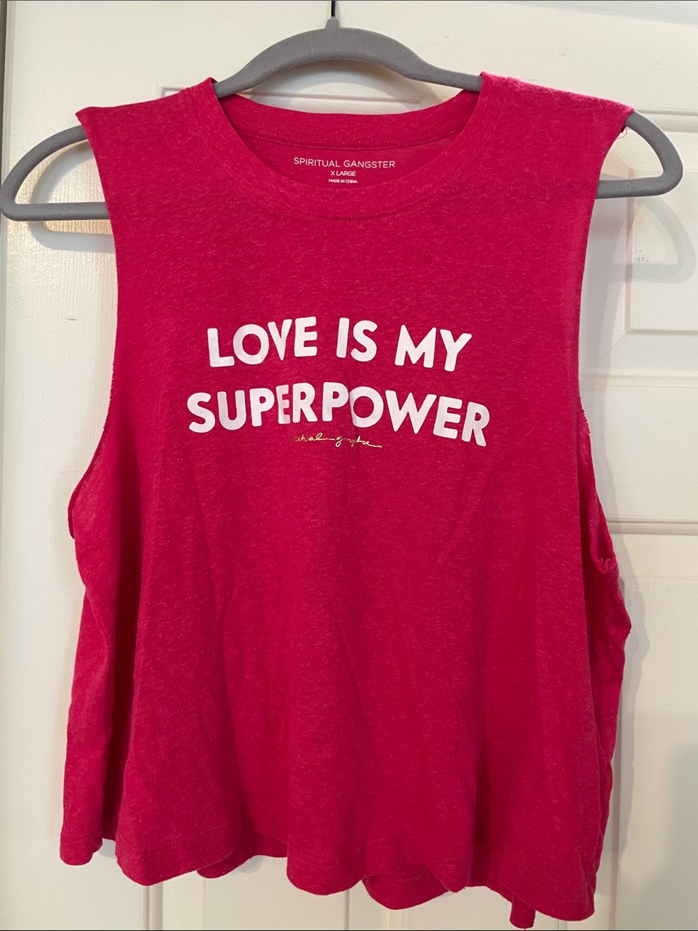 Spiritual Gangster Hot Pink Muscle Tank with "Love Is My Superpower" Graphic